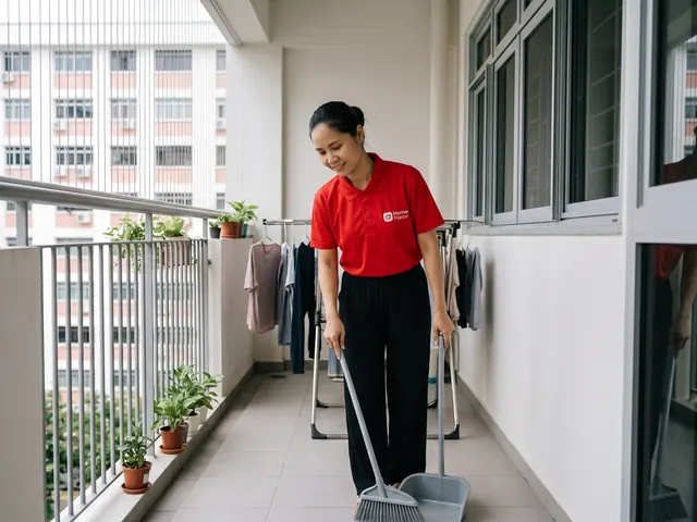An Expert sweeping a balcony lined with potted plants