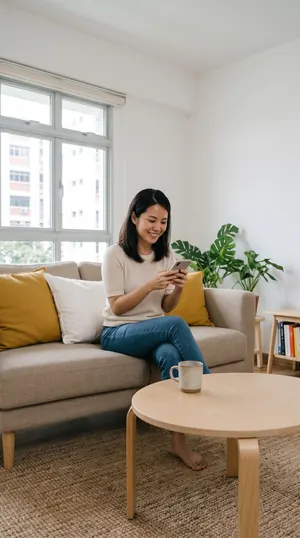 A woman on her sofa smiling at a message on her phone