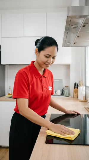 An Expert in a red uniform wiping a black kitchen hob